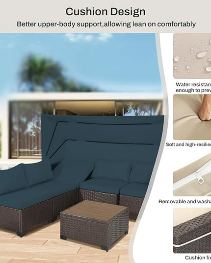 6 PCS Outdoor Patio Furniture Set,Sectional Sofa Set,Rattan Daybed with Retractable Canopy,Adjustable Backrest,Storage Coffee Table,Chaise Chair Sunbed for Garden Poolside Backyard(Sky Blue) - LeafyLoom
