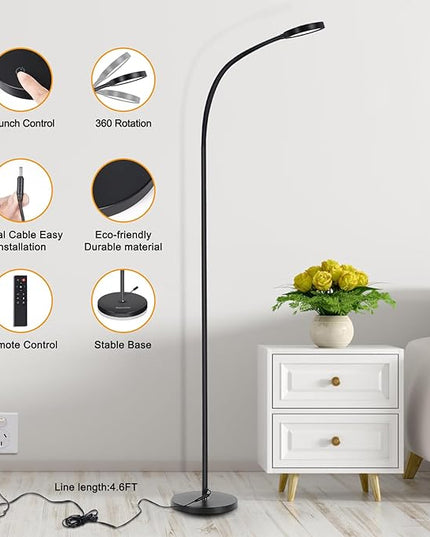 LED Floor Lamp,12W Gooseneck Floor Reading Lamps for Living Room with Remote & Touch Control,Stepless Adjustable Colors & Brightness Modern Dimmable Standing Lamp for Bedroom and Office - LeafyLoom