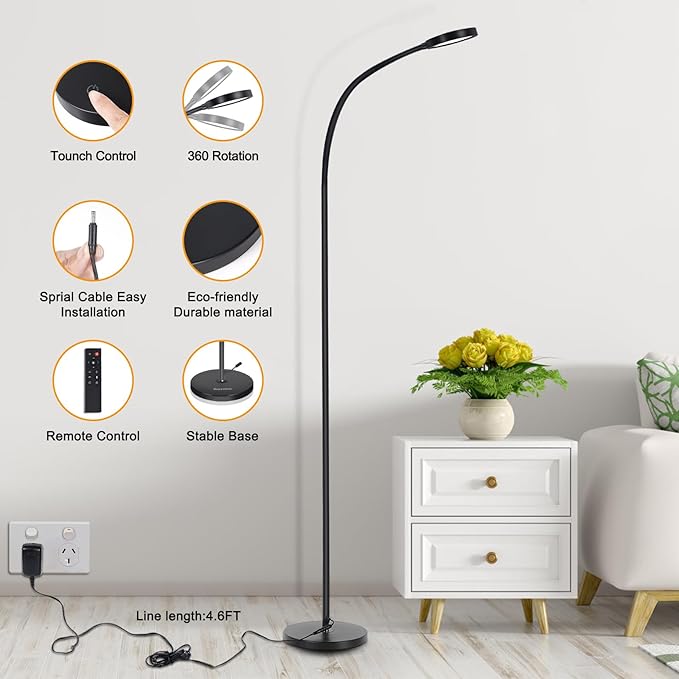 LED Floor Lamp,12W Gooseneck Floor Reading Lamps for Living Room with Remote & Touch Control,Stepless Adjustable Colors & Brightness Modern Dimmable Standing Lamp for Bedroom and Office - LeafyLoom