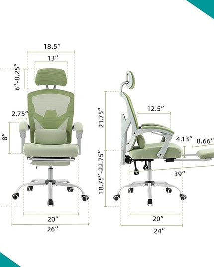 edx Ergonomic Office Chair, Reclining High Back Mesh Computer Desk Swivel Rolling Home Task Chair with Lumbar Support Pillow, Adjustable Headrest, Retractable Footrest and Padded Armrests, Green - LeafyLoom