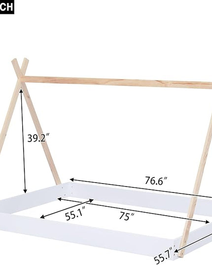 Bellemave Full Size Tent Floor Bed Frame with Triangle Structure, Teepee Bed Platform Bed for Kids,Montessori Floor Bed for Girls Boys(Full,White+Natural) - LeafyLoom
