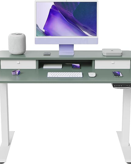FEZIBO 40 x 24 Inch Height Adjustable Electric Standing Desk with Double Drawer, Stand Up Desk with Storage Shelf, Sit Stand Desk, Green - LeafyLoom