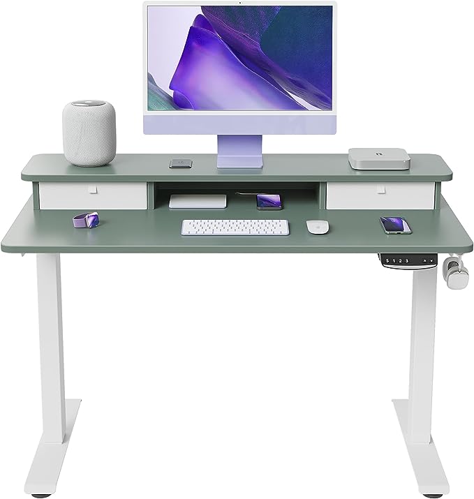 FEZIBO 40 x 24 Inch Height Adjustable Electric Standing Desk with Double Drawer, Stand Up Desk with Storage Shelf, Sit Stand Desk, Green - LeafyLoom