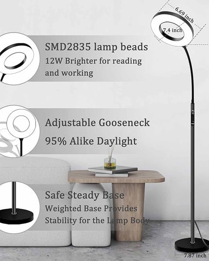 LED Reading Floor Lamp with Remote & Touch Control, Bright Adjustable Gooseneck Lamp for Living Room Bedroom Office, Eyelash Extensions tattooing Light,（Timer,2700K-6500K - LeafyLoom