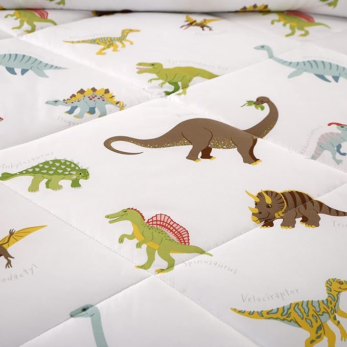 MAG 3Pcs Dinosaur Bedding Comforter Set, Dino White Base Full/Queen Comforter Set,for Toddlers Kids,Boys Teens and Girls,Super Soft Microfiber, Full/Queen Size (1 Comforter + 2 Pillowcases) - LeafyLoom