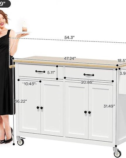 Large Kitchen Island On Wheels with Storage 54in Width Mobile Moveable Portable Rolling White Wood Island for Kitchen Dining Room with Drawers Cabinet Spice Rack Towel Rack - LeafyLoom