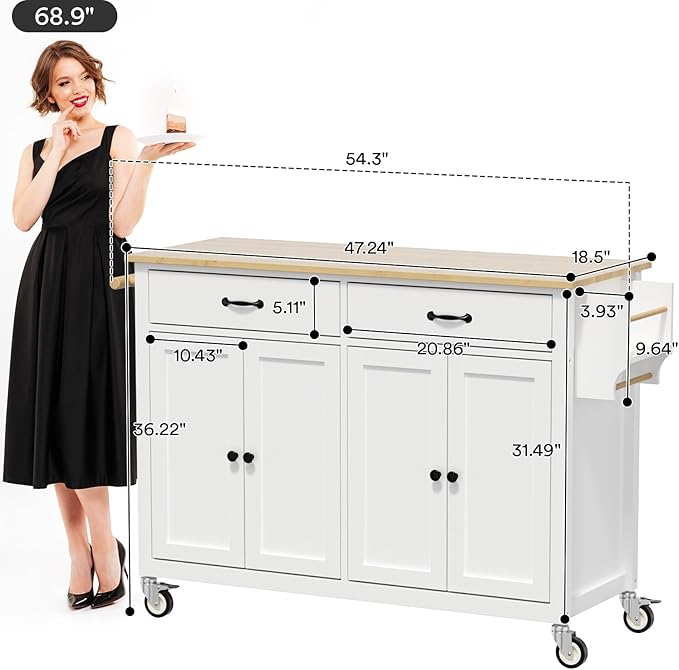 Large Kitchen Island On Wheels with Storage 54in Width Mobile Moveable Portable Rolling White Wood Island for Kitchen Dining Room with Drawers Cabinet Spice Rack Towel Rack - LeafyLoom