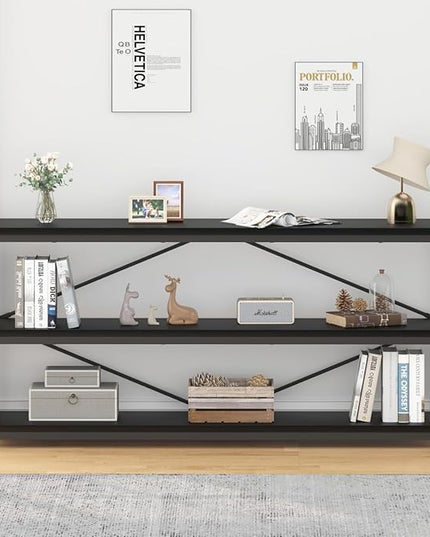 IBF 63" Black Low Horizontal Bookcase, Modern Long Wood Metal 3 Tier Book Shelf, Farmhouse Vintage Big open sturdy Bookshelf, Simple Large Wide Etagere for home living room office bedroom, Black Oak - LeafyLoom