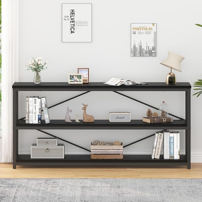 IBF 63" Black Low Horizontal Bookcase, Modern Long Wood Metal 3 Tier Book Shelf, Farmhouse Vintage Big open sturdy Bookshelf, Simple Large Wide Etagere for home living room office bedroom, Black Oak - LeafyLoom