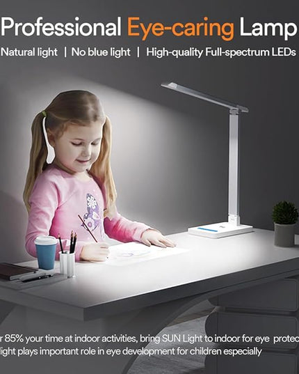 Eye-Caring LED Desk Lamp Table Lamp Reading Lamp Touch lamp with Wireless Charger and USB Port,Foldable Dimmable Small Table Desk Lamp for Living Room Bedroom Bedside Office Study,Modern White - LeafyLoom