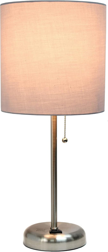 Simple Designs LT1144-GRY Sleek and Slender Brushed Steel Table Lamp with Charging Outlet, for Bedroom, Living Room, Entryway, Office, Dining Room, Study, Gray Shade - LeafyLoom