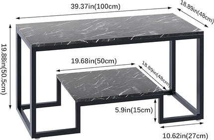 Coffee Table Black Table for Living Room,2 Tiers Rectangle Center Table with Sturdy Metal Frame,Modern Black Faux Marble Coffee Table for Bedroom Home Office - LeafyLoom
