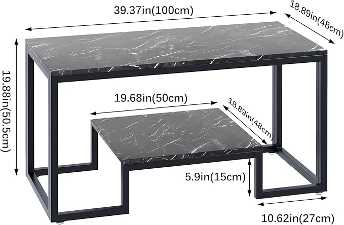 Coffee Table Black Table for Living Room,2 Tiers Rectangle Center Table with Sturdy Metal Frame,Modern Black Faux Marble Coffee Table for Bedroom Home Office - LeafyLoom
