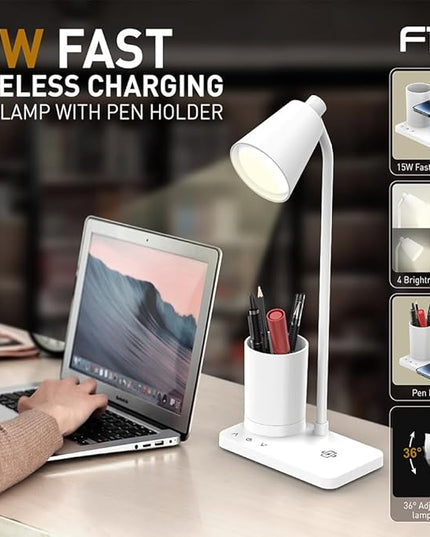 Desk Lamps for Home Office, LED Desk Lamp with Wireless Charger, 15W Fast Charging, Table Lamp with Pen Holder, 4 Brightness Levels, Eye-Caring (with AC Adapter) - LeafyLoom