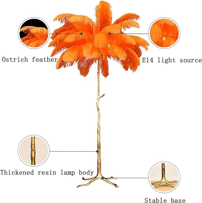 Romantic Ostrich Feather Floor Lamp Modern Luxury Resin Ostrich Feather LED Lamp Living Room Bedroom Corner Decoration Floor lamp(Orange) - LeafyLoom