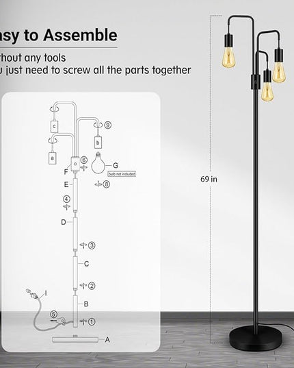 BoostArea Industrial Floor Lamp for Living Room,Modern Standing Lamp Stand Up Lamp with 3 Light, Bulbs Not Included,Simple Design Floor Lamp for Bedroom, Living Room, Office, Kids Room, Reading - LeafyLoom