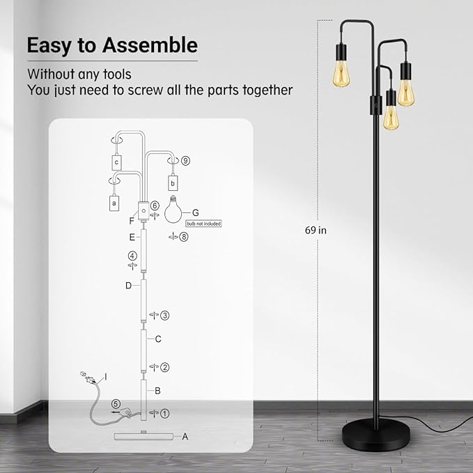 BoostArea Industrial Floor Lamp for Living Room,Modern Standing Lamp Stand Up Lamp with 3 Light, Bulbs Not Included,Simple Design Floor Lamp for Bedroom, Living Room, Office, Kids Room, Reading - LeafyLoom