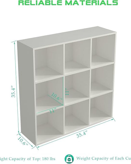 9-Cube Storage Shelf Bookcase - Wooden 3-Tier Floor Standing Open Bookshelf for Home and Office, Display Cabinet, Warm White - LeafyLoom