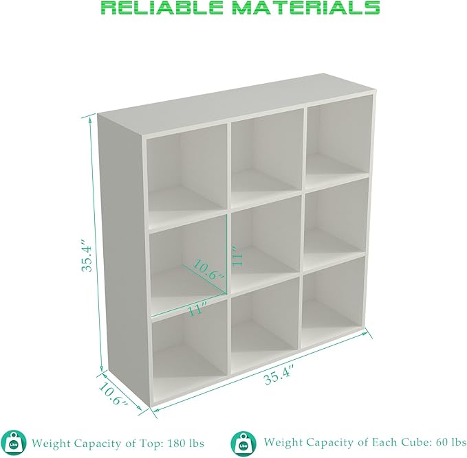 9-Cube Storage Shelf Bookcase - Wooden 3-Tier Floor Standing Open Bookshelf for Home and Office, Display Cabinet, Warm White - LeafyLoom