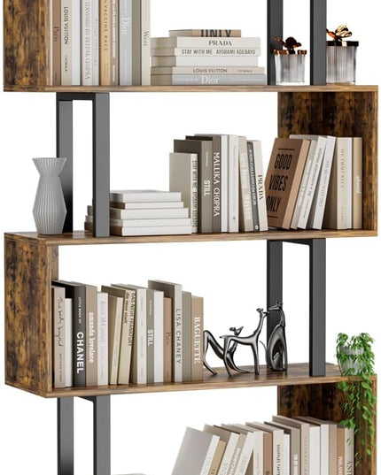 Gadroad 6 Tier Geometric Bookcase,S Shaped Bookshelf, Wood Decorative Storage Shelving, Modern Freestanding Display Shelves, Tall Book Shelf Unit for Living Room Bedroom, Rustic Brown - LeafyLoom