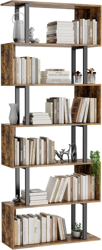 Gadroad 6 Tier Geometric Bookcase,S Shaped Bookshelf, Wood Decorative Storage Shelving, Modern Freestanding Display Shelves, Tall Book Shelf Unit for Living Room Bedroom, Rustic Brown - LeafyLoom