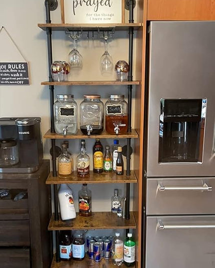 6-Tier Industrial Pipe Shelves Shelf Shelving Rustic Wood Metal Wrought Iron Ladder Bookcase Bookshelf Wall Mounted Mount DIY Loft Vintage Floating Hanging Storage Display (23.6x9.8x78.7”) - LeafyLoom