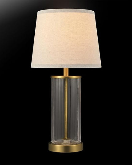 Globe Electric 61000063 20" Fillable Ribbed Glass Table Lamp, Matte Brass Accents, Beige Linen Shade, On/Off Rotary Switch on Socket, for Living Room, Bedroom, Office, Home Décor - LeafyLoom