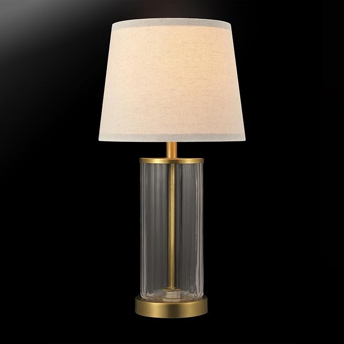 Globe Electric 61000063 20" Fillable Ribbed Glass Table Lamp, Matte Brass Accents, Beige Linen Shade, On/Off Rotary Switch on Socket, for Living Room, Bedroom, Office, Home Décor - LeafyLoom
