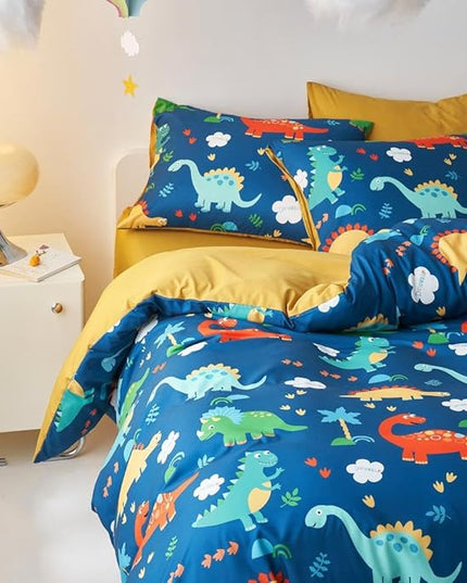 Wake In Cloud - Dinosaur Bedding Set for Boys, Cute Colorful Dinosaur Comforter Set with Sheets, 5 Pieces Kids Bed in a Bag, Navy Blue, Twin Size - LeafyLoom