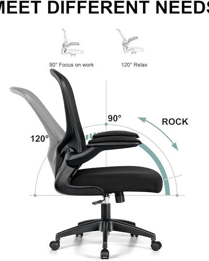 Office Chair, Ergonomic Desk Chair with Lumbar Support and Flip-up Armrest, Height Adjustable Mesh Swivel Computer Office Chair Black - LeafyLoom
