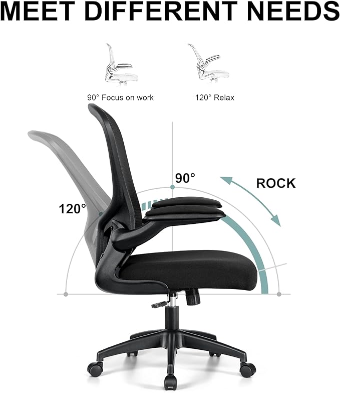 Office Chair, Ergonomic Desk Chair with Lumbar Support and Flip-up Armrest, Height Adjustable Mesh Swivel Computer Office Chair Black - LeafyLoom