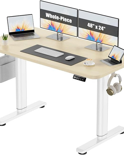 Electric Standing Desk Adjustable Height Stand Up Desk, 48" x 24" Sit Stand Desk, Low Noise Home Office Desk, Computer Desk with Whole-Piece Board, Child Lock & Memory Function, Maple - LeafyLoom