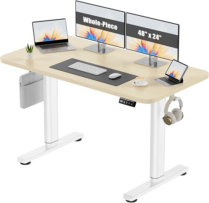 Electric Standing Desk Adjustable Height Stand Up Desk, 48" x 24" Sit Stand Desk, Low Noise Home Office Desk, Computer Desk with Whole-Piece Board, Child Lock & Memory Function, Maple - LeafyLoom