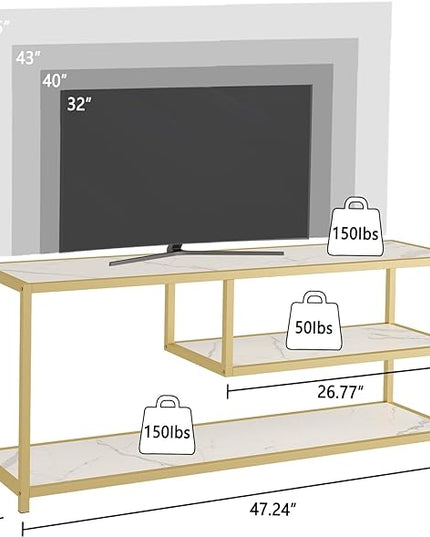 Function Home TV Stand for TVs up to 55 Inch, 3 Tier Entertainment Center, Media Console with Open Storage Shelves for Living Room Bedroom, 47” Modern TV Table with Faux Marble Top Gold Metal Leg - LeafyLoom