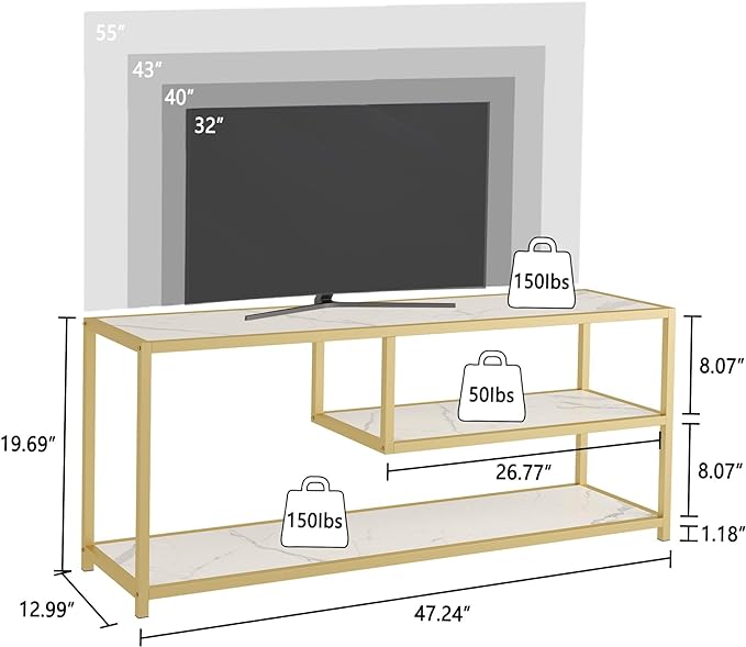 Function Home TV Stand for TVs up to 55 Inch, 3 Tier Entertainment Center, Media Console with Open Storage Shelves for Living Room Bedroom, 47” Modern TV Table with Faux Marble Top Gold Metal Leg - LeafyLoom