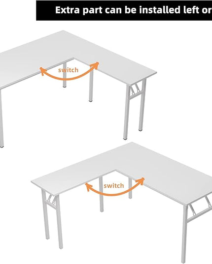 DlandHome L-Shaped Folding Computer Desk 55inches and 55inches Left and Right Adjustable Half-Installed Home Office Workstation Corner Table,White +White - LeafyLoom