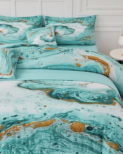 Marble Green Comforter Set Queen,7Pcs Light Green and Gold Comforter,Light Green Tie Dye Bedding Sets Queen Bed in a Bag,Green Marble Comforter Sets,Bedroom Decoration Queen 7Pcs - LeafyLoom