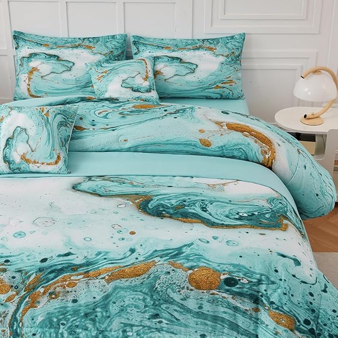 Marble Green Comforter Set Queen,7Pcs Light Green and Gold Comforter,Light Green Tie Dye Bedding Sets Queen Bed in a Bag,Green Marble Comforter Sets,Bedroom Decoration Queen 7Pcs - LeafyLoom