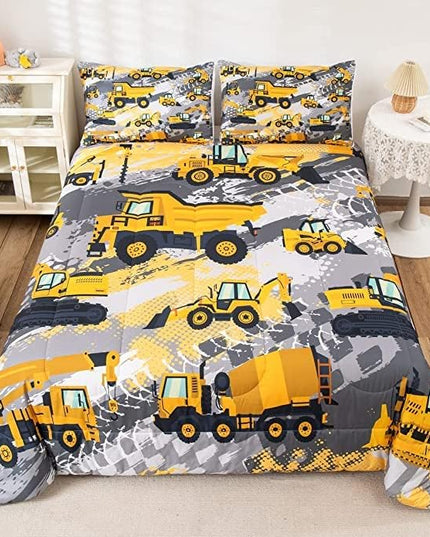 Feelyou Boys Construction Bedding Set King Size Comforter for Boys Kids Tractor Comforter Set Toddler Construction Decorations Car Bed for Boys Cartoon Excavator Trucks Quilt Set with 2 Pillow Cases - LeafyLoom