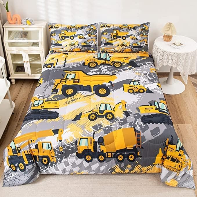 Feelyou Boys Construction Bedding Set King Size Comforter for Boys Kids Tractor Comforter Set Toddler Construction Decorations Car Bed for Boys Cartoon Excavator Trucks Quilt Set with 2 Pillow Cases - LeafyLoom