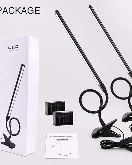 Clamp on Lamp, Clip Light, Desk Lamps 3 Color Temperature Setting, 10 Brightness Levels, 2m USB Cord Power Supply and AC Adapter Included, Pack of 2 (Black) - LeafyLoom