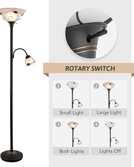 VONLUCE Torchiere Floor Lamp with Side Reading Light, 3-Way Switch Combo Antique Bronze Mother Daughter Floor Lamp with Glass Shade, 71" Desk Floor Lamp for Living Room Corner Bedroom Home Office - LeafyLoom
