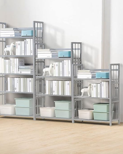 IOTXY Adjustable Bamboo Open Bookshelf - Large 4-Tier Free Standing Storage Rack, Multifunctional Display Stand for Bookcase, Home and Office, Light Grey - LeafyLoom