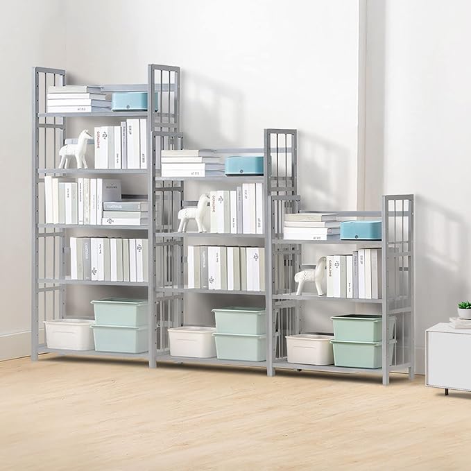 IOTXY Adjustable Bamboo Open Bookshelf - Large 4-Tier Free Standing Storage Rack, Multifunctional Display Stand for Bookcase, Home and Office, Light Grey - LeafyLoom