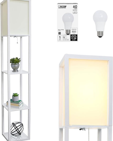 Simple Designs LF1014-WHT-LB Three Shelf Etagere Organizer Storage Floor Lamp with White Linen Shade for Living Room, Bedroom, Office, Hallway, White, with Feit LED Bulb Included - LeafyLoom