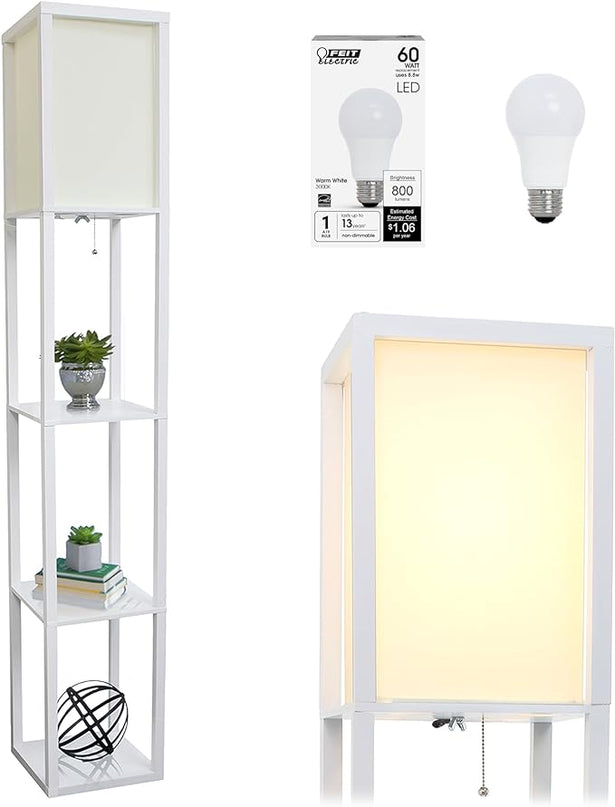 Simple Designs LF1014-WHT-LB Three Shelf Etagere Organizer Storage Floor Lamp with White Linen Shade for Living Room, Bedroom, Office, Hallway, White, with Feit LED Bulb Included - LeafyLoom