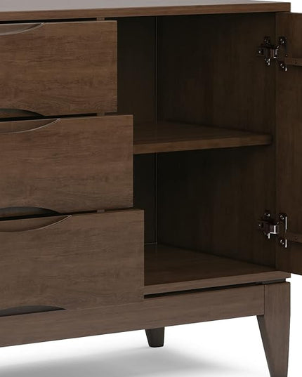 SIMPLIHOME Harper SOLID HARDWOOD 60 Inch Wide Mid Century Design Sideboard Buffet in Walnut Brown, For the Dining Room and Kitchen - LeafyLoom