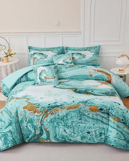 Marble Green Comforter Set Queen,7Pcs Light Green and Gold Comforter,Light Green Tie Dye Bedding Sets Queen Bed in a Bag,Green Marble Comforter Sets,Bedroom Decoration Queen 7Pcs - LeafyLoom