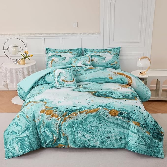 Marble Green Comforter Set Queen,7Pcs Light Green and Gold Comforter,Light Green Tie Dye Bedding Sets Queen Bed in a Bag,Green Marble Comforter Sets,Bedroom Decoration Queen 7Pcs - LeafyLoom