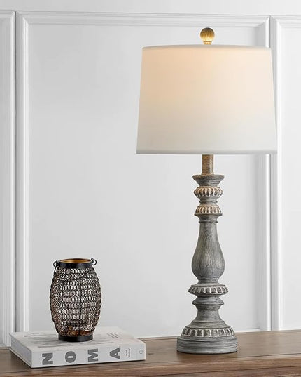 BOBOMOMO 27.75" USB Table Lamp Set of 2 Antique Retro Nightstand Lamp for Bedroom Living Room Office Resin Classic Bedside Desk Lamps with White Fabric Shade - LeafyLoom